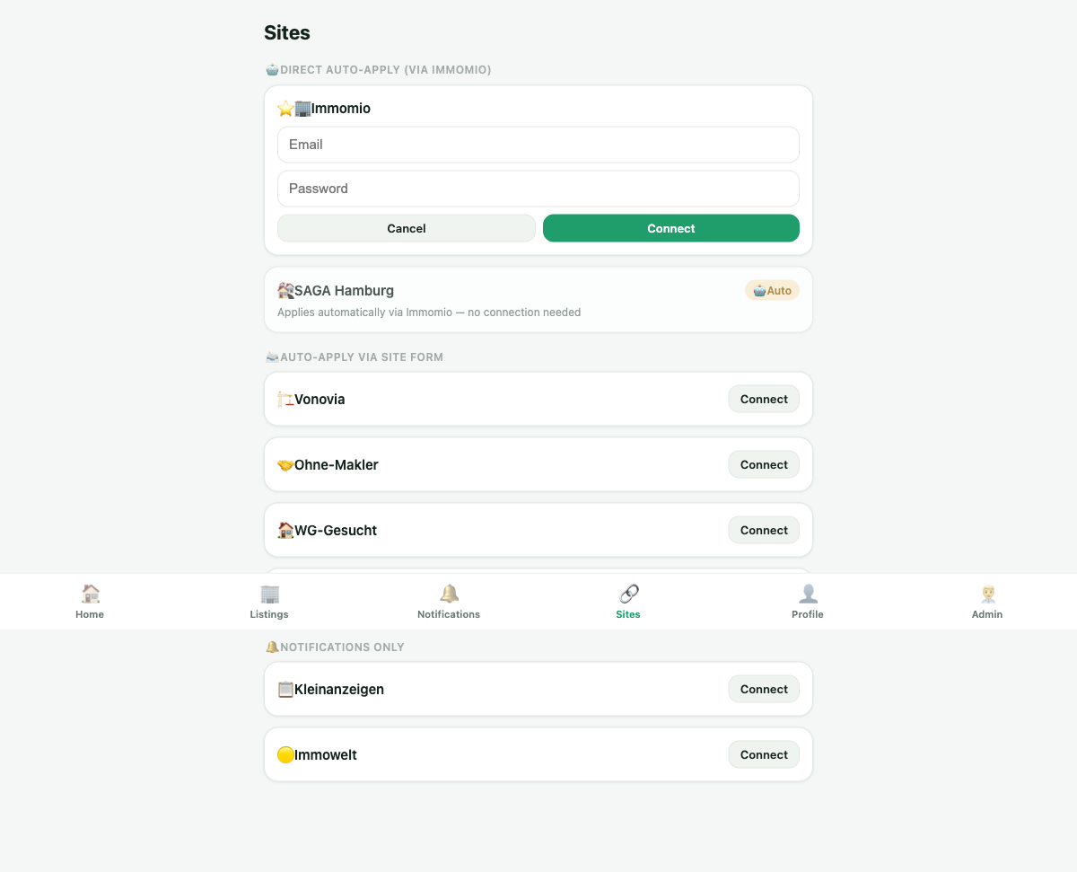 Форма подключения Immomio: email и пароль
